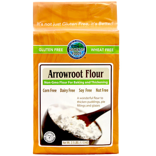 A package of Authentic Foods Arrowroot Flour with the label showing it is gluten-free, wheat-free, corn-free, dairy-free, soy-free, and nut-free.