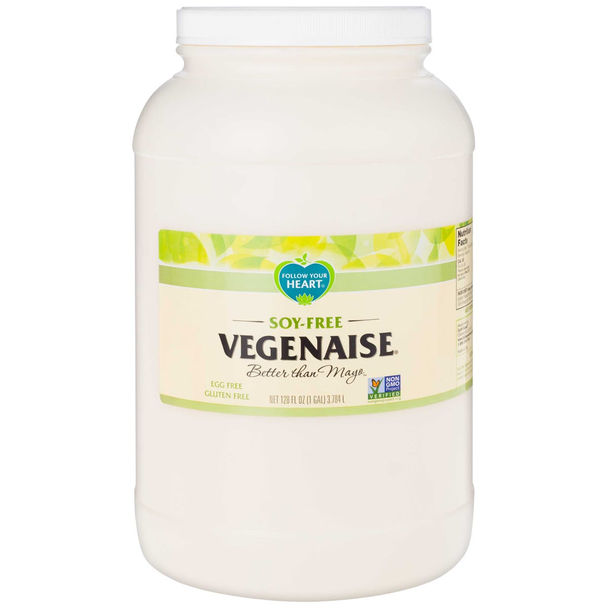A 1 gallon container of Follow Your Heart Soy-Free Vegenaise