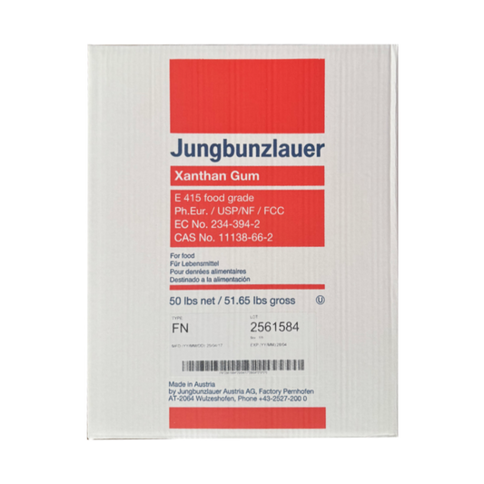 A 50 lb white box of Xanthan Gum packaging with red accents, information about the size, and the address of the factory of origin in Austria