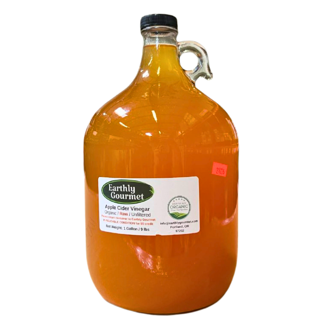 Gallon jug of Earthly Gourmet apple cider vinegar with a white Earthly Gourmet label