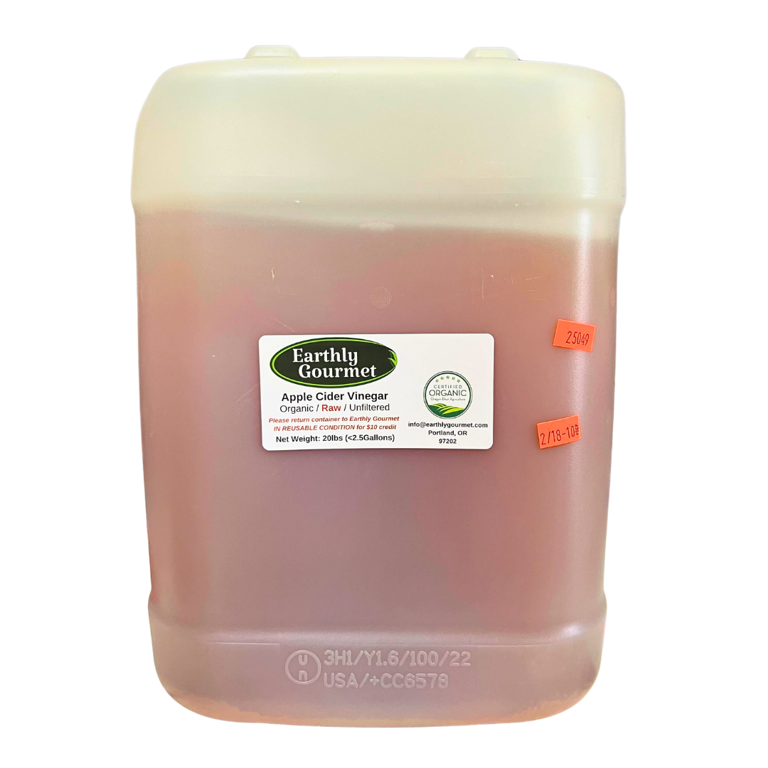 A 2.5 gallon plastic jug of organic raw apple cider vinegar with a white Earthly Gourmet label