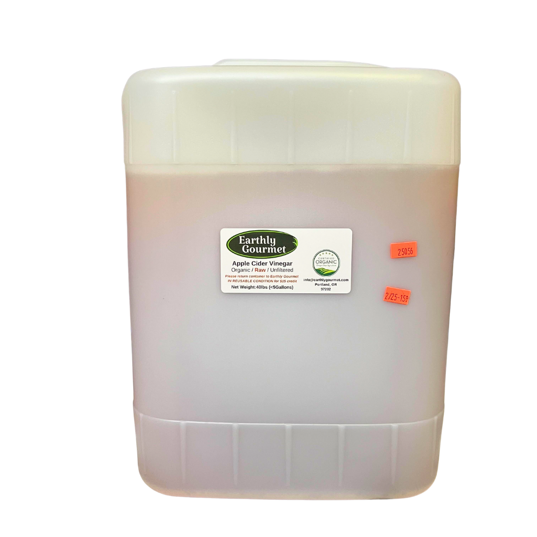 A 5 gallon plastic jug of organic raw apple cider vinegar with a white Earthly Gourmet logo