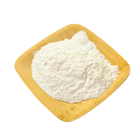 Arrowroot flour, a fine white powder, in a yellow square bowl on a white background