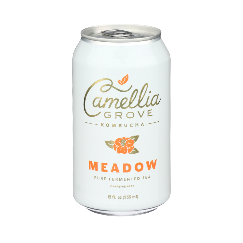 12 oz can of Camellia Grove Meadow Kombucha