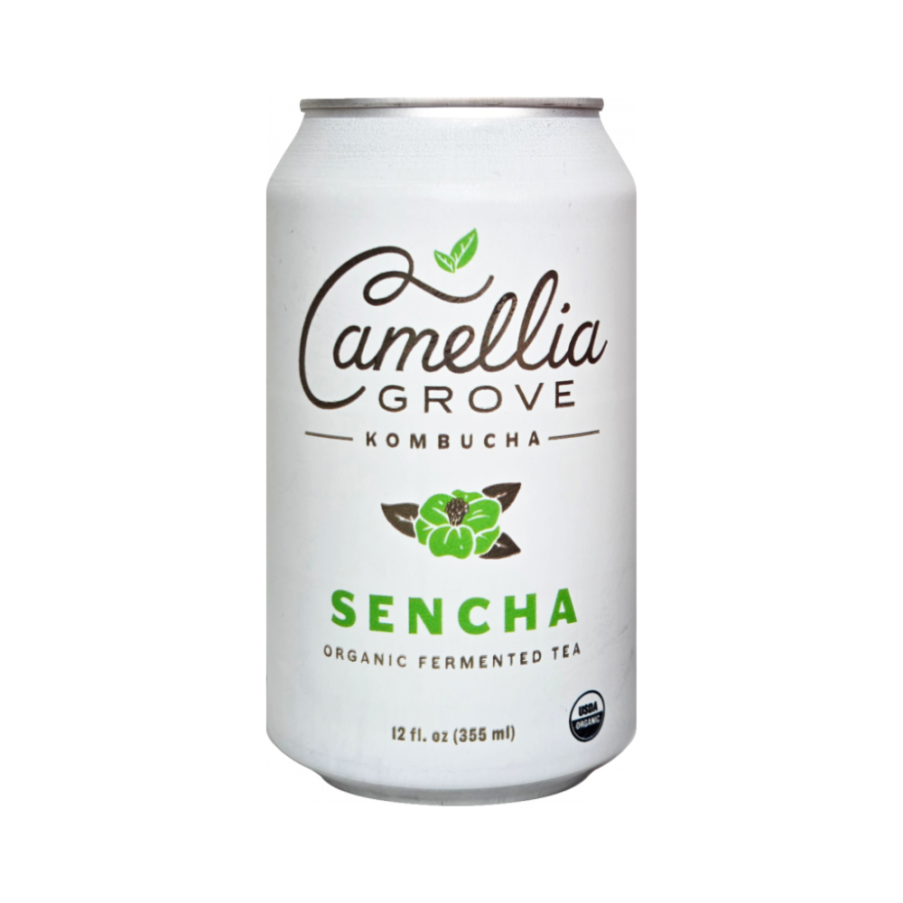 12 oz can of Camellia Grove Sencha Kombucha