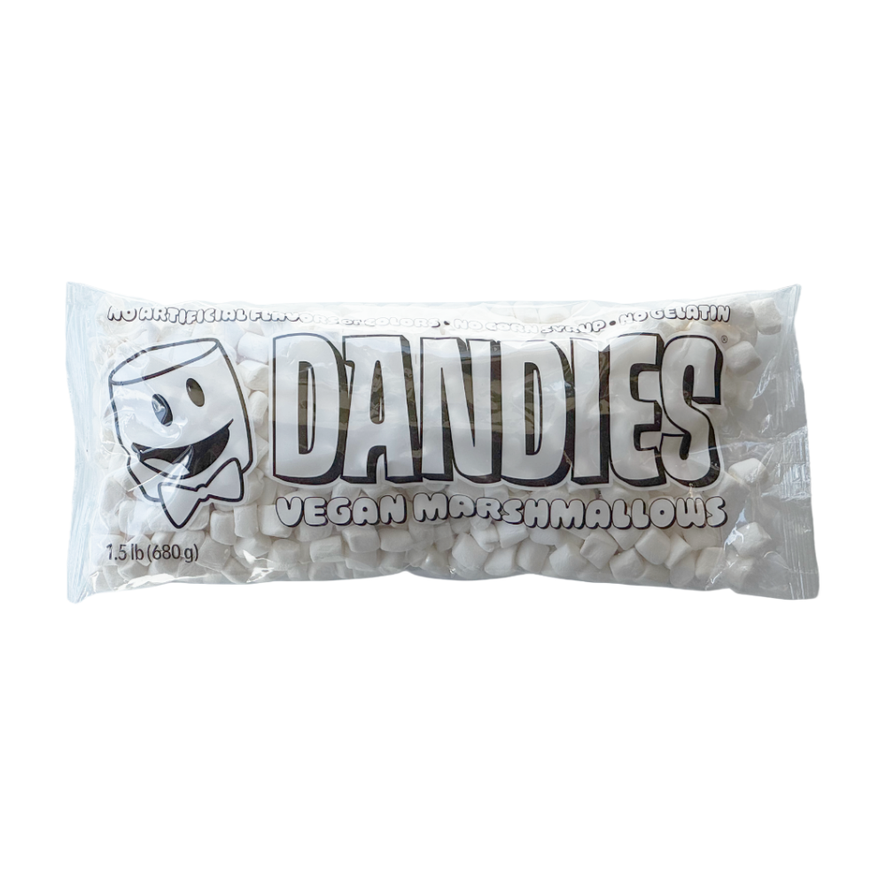 A 1.5 lb bag of Dandies Mini Vegan Marshmallows, featuring the brand's logo and name on a clear plastic package containing white marshmallows.