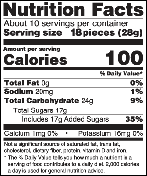 A Nutrition Facts label for Dandies Mini Vegan Marshmallows showing a serving size of 18 pieces (28g) with 100 calories per serving. The label lists nutrients including Total Fat 0g, Sodium 20mg, Total Carbohydrate 24g, and Total Sugars 17g, on a black background with white text.