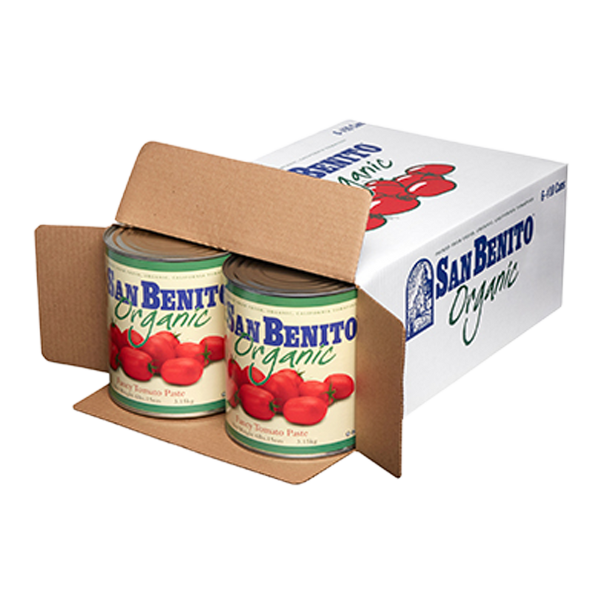 A cardboard box of San Benito Organic tomato paste with two large cans exposed from an open side with the flaps turned out