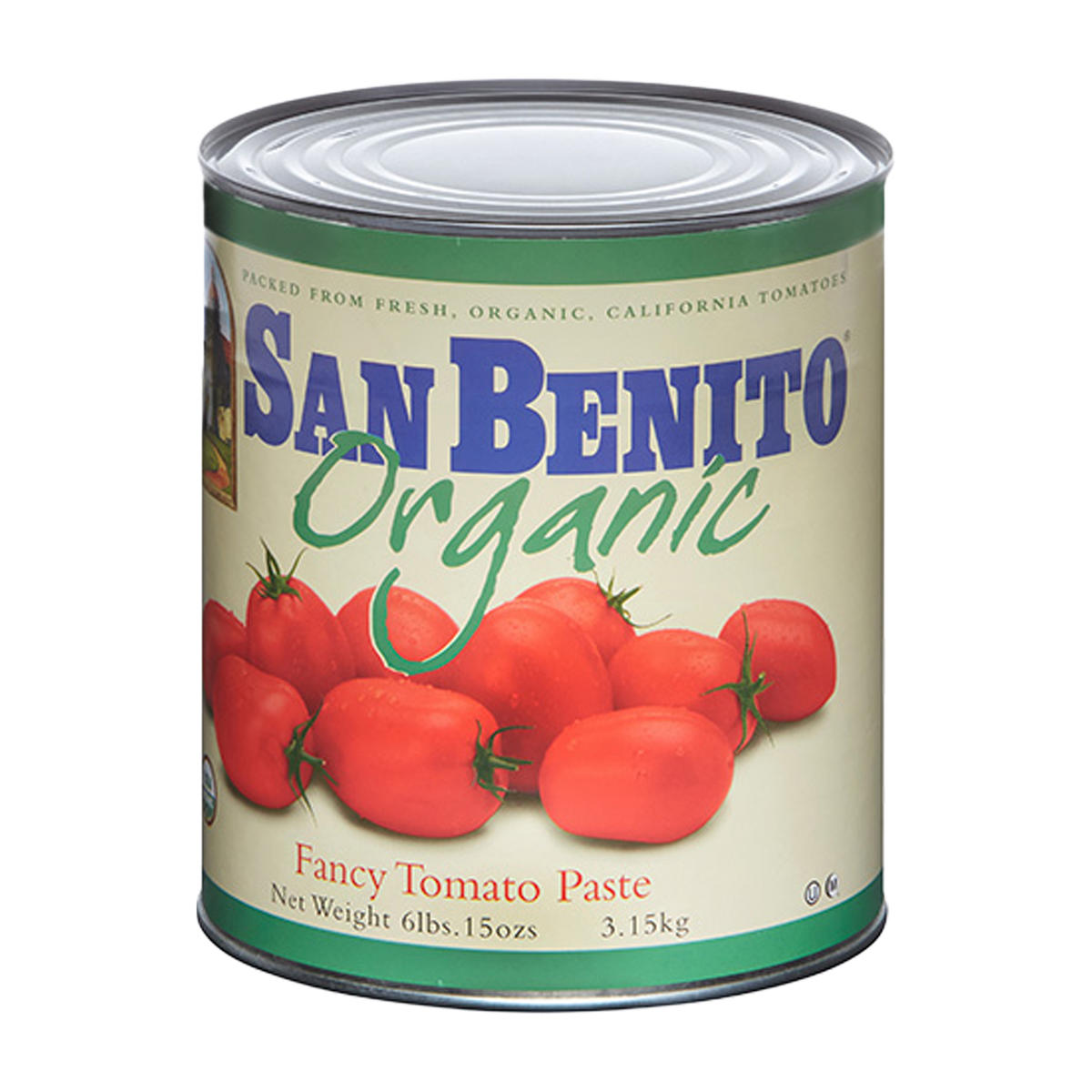 Can of San Benito Organic Fancy Tomato Paste with tomato imagery