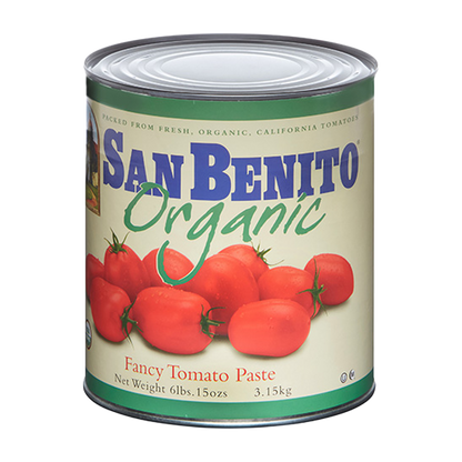 Can of San Benito Organic Fancy Tomato Paste with tomato imagery