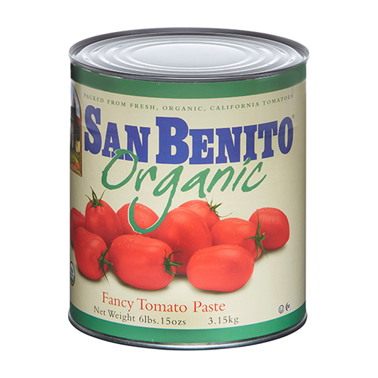 Can of San Benito Organic Fancy Tomato Paste with tomato imagery