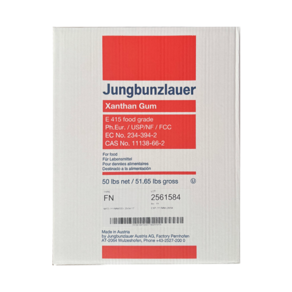 A 50 lb white box of Xanthan Gum packaging with red accents, information about the size, and the address of the factory of origin in Austria