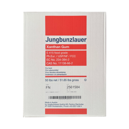 A 50 lb white box of Xanthan Gum packaging with red accents, information about the size, and the address of the factory of origin in Austria