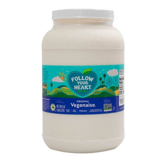 A 1 gallon container of Vegenaise with a 'Follow Your Heart' label