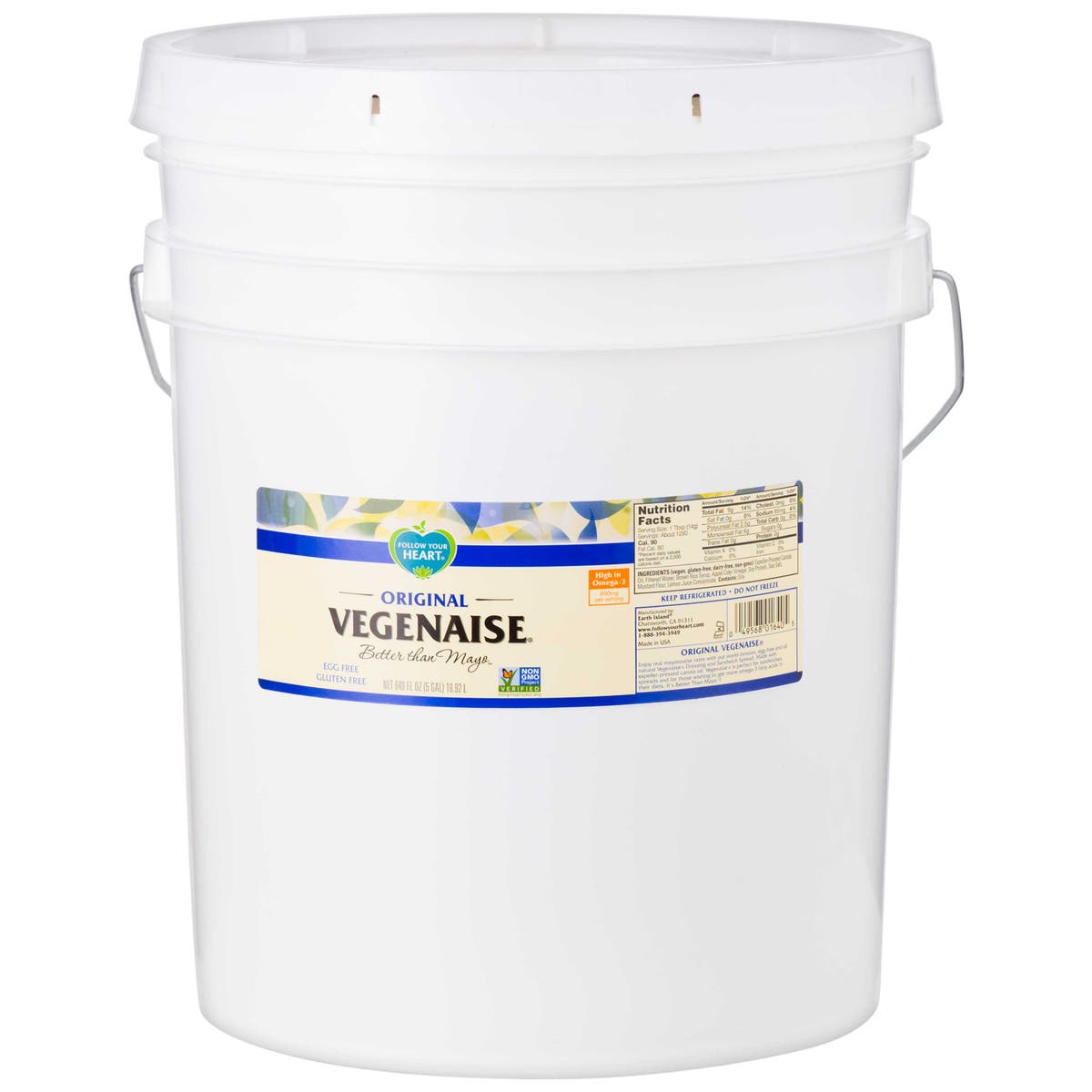 A white bucket of Follow Your Heart Original Vegenaise