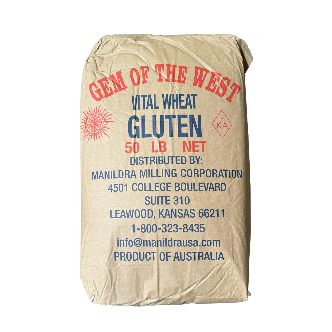 A 50 lb bag of Gem of the West Vital Wheat Gluten, with product information and the brand logo visible.