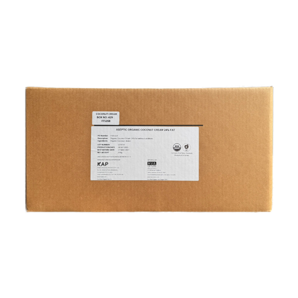 A brown cardboard box with a white label for 24% fat organic coconut cream