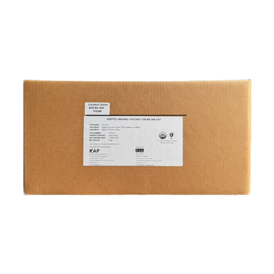 A brown cardboard box with a white label for 24% fat organic coconut cream