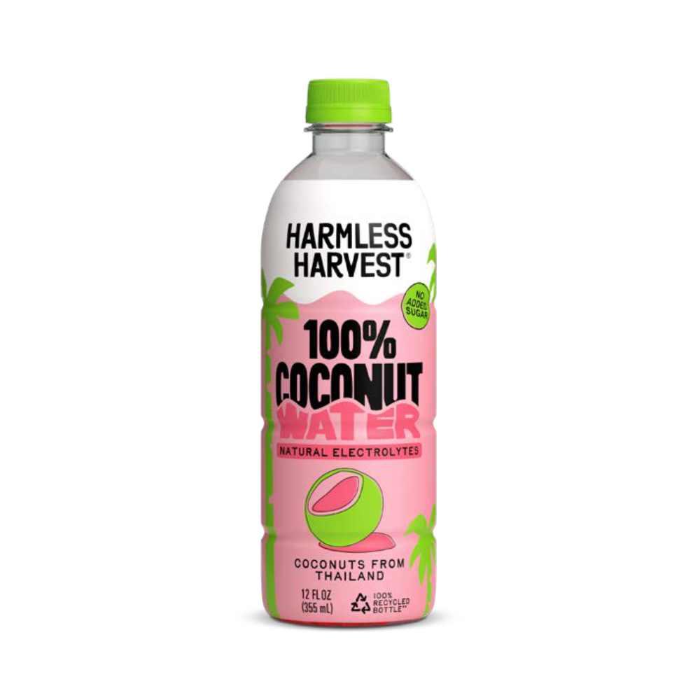 A 12 fl oz bottle of Harmless Harvest 100% Coconut Water with natural electrolytes, featuring a pink label with a green cap