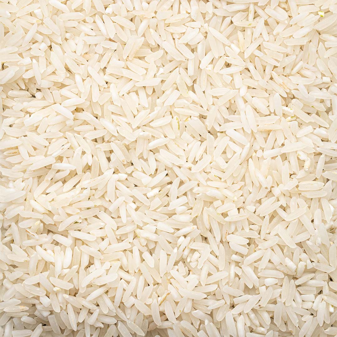 A close-up image of Lundberg Eco-Farmed White Basmati Rice, displaying the texture and color of the rice grains.