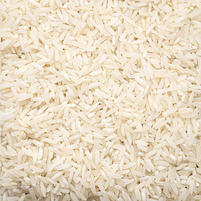 A close-up image of Lundberg Eco-Farmed White Basmati Rice, displaying the texture and color of the rice grains.