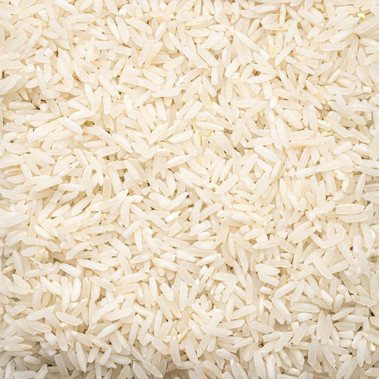 A close-up image of Lundberg Eco-Farmed White Basmati Rice, displaying the texture and color of the rice grains.