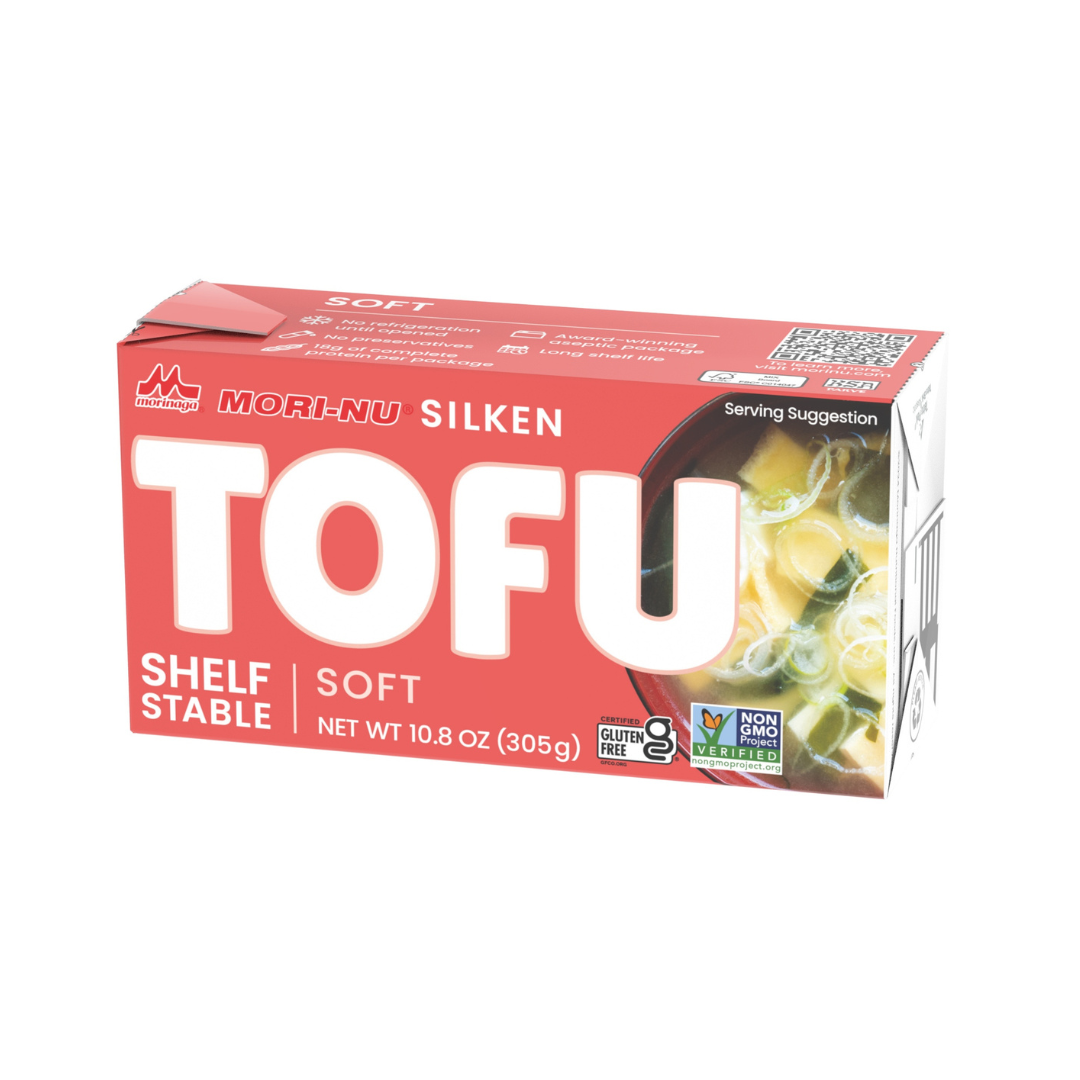 A box of Mori-Nu Silken Tofu, labeled as soft texture, shelf stable, with a net weight of 10.8 oz (305g).
