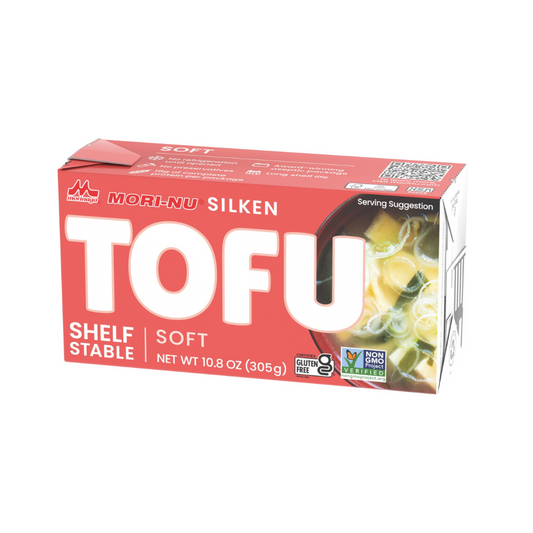 A box of Mori-Nu Silken Tofu, labeled as soft texture, shelf stable, with a net weight of 10.8 oz (305g).