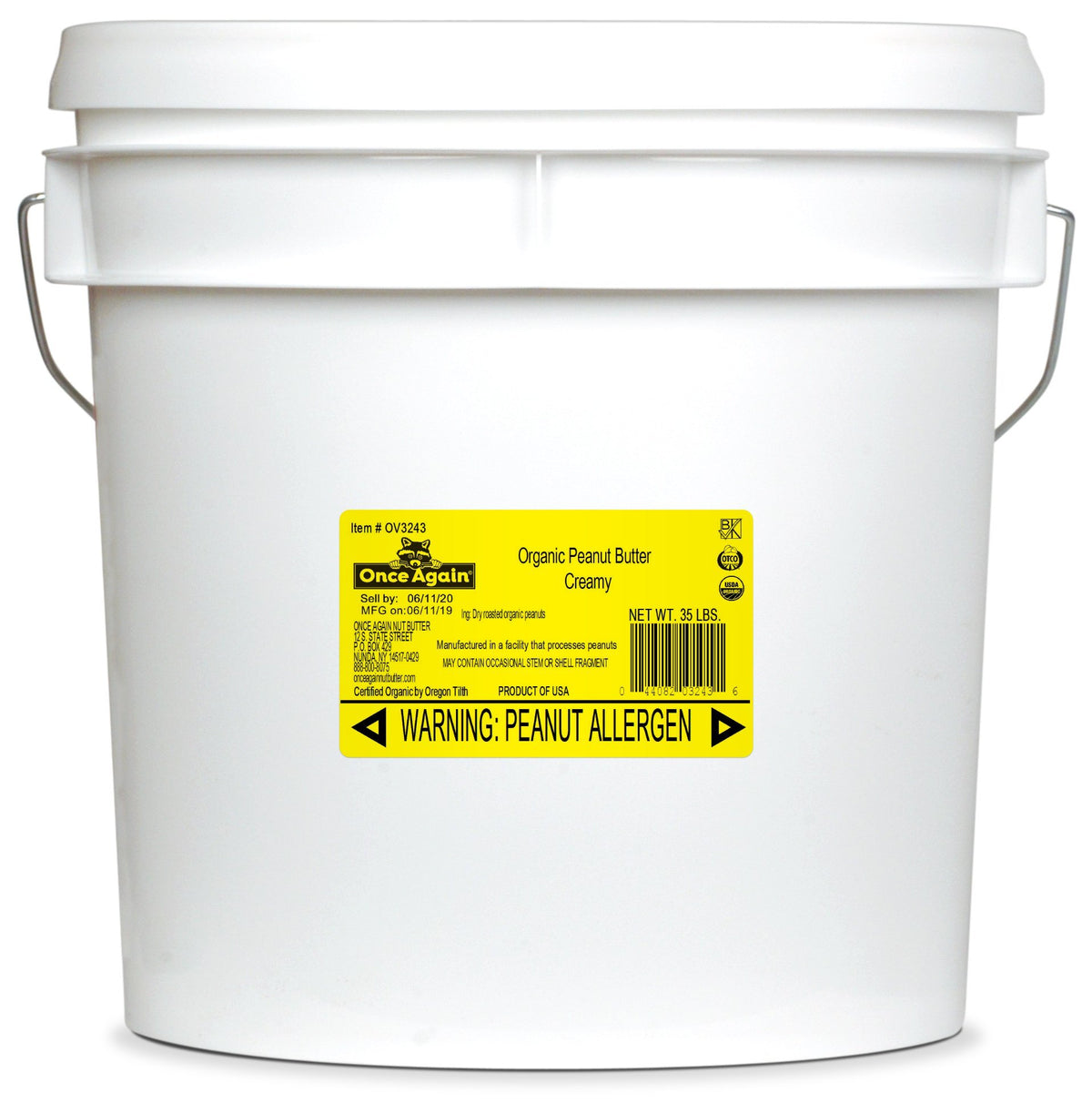 A 35 lb tub of Once Again Organic Creamy Peanut Butter, Unsalted. It has a yellow label with the logo, allergen information, and certifications for organic and kosher.