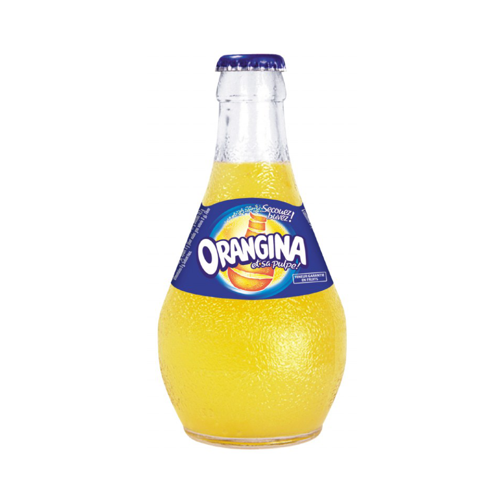 A glass bottle of Orangina soda with a blue cap and a blue label featuring the brand name 'ORANGINA' in white, filled with yellow-orange carbonated drink