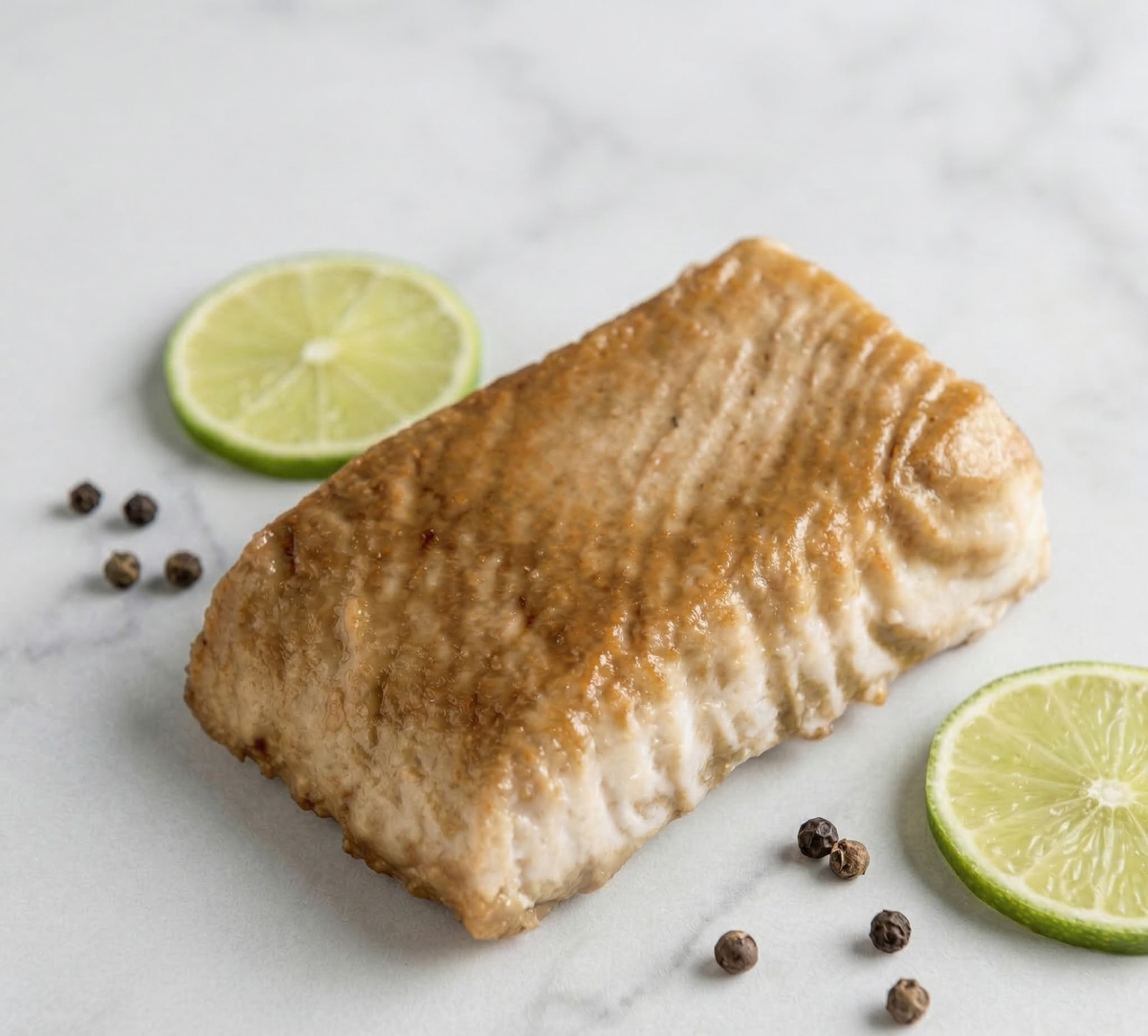 A cooked Oshi Plant-Based White Fish Fillet with a golden-brown seared surface, photographed on a light marble surface with lime slices and scattered peppercorns around it.