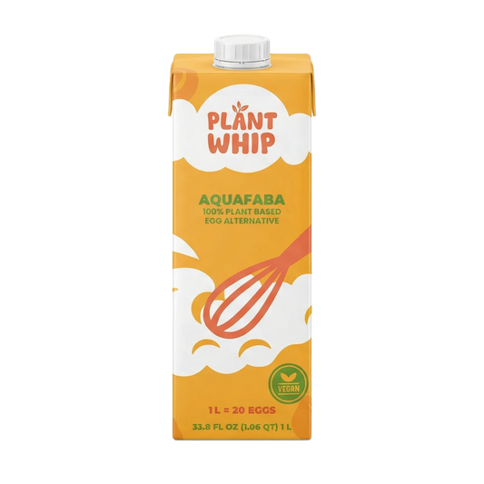 Plant Whip Aquafaba 1L carton, a 100% plant-based egg alternative in orange and white packaging with a whisk graphic