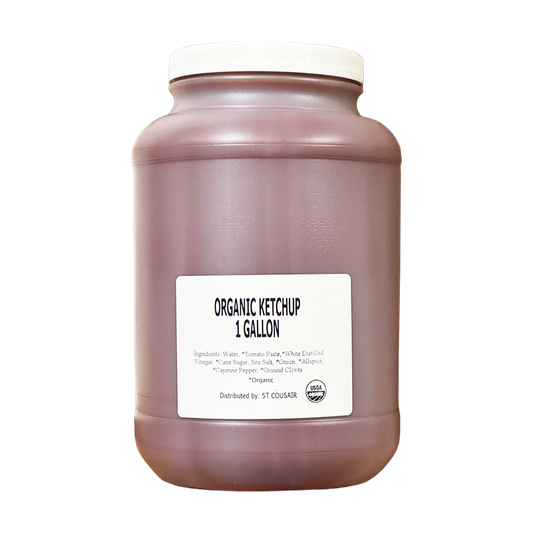 A 1-gallon plastic tub of Portlandia Organic Ketchup with a white lid and a white label