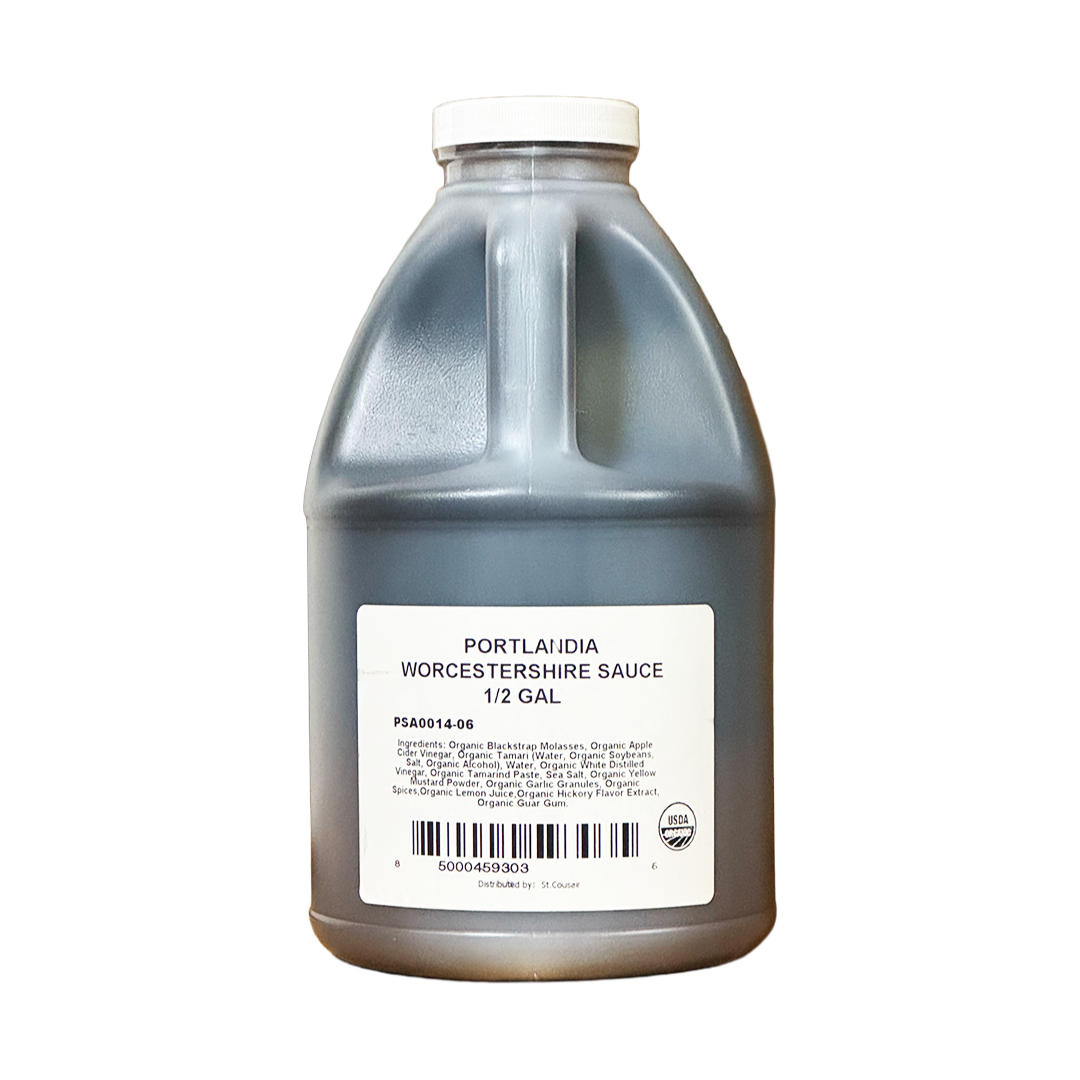 A 1/2 gallon plastic jug of Portlandia Organic Worcestershire Sauce with a white cap and a white label