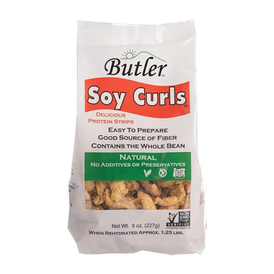 A bag of Butler Soy Curls, 8 Oz. The packaging is white with red and green accents, and it states that the product is natural, protein-rich, and contains the whole soybean.