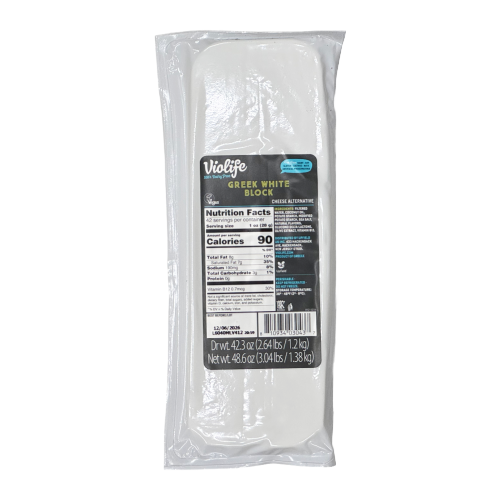 White rectangular plastic wrapped block of Violife Just Like Greek Feta Block
