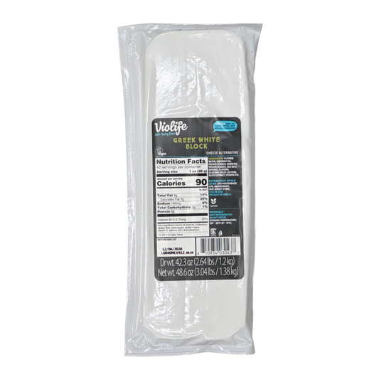 White rectangular plastic wrapped block of Violife Just Like Greek Feta Block